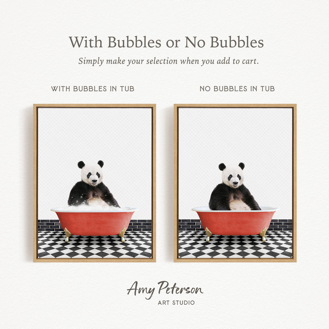 The image is a collage of two pictures featuring a panda bear sitting in a red bathtub. The panda bear is sitting on a black and white checkered floor. The collage includes a text overlay that provides instructions on how to choose the right tub for a panda bear, suggesting that the panda bear should be in a tub with bubbles or no bubbles.