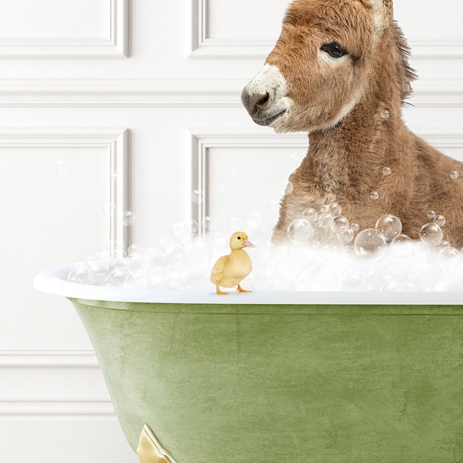 a donkey in a bathtub with bubbles and a rubber duck