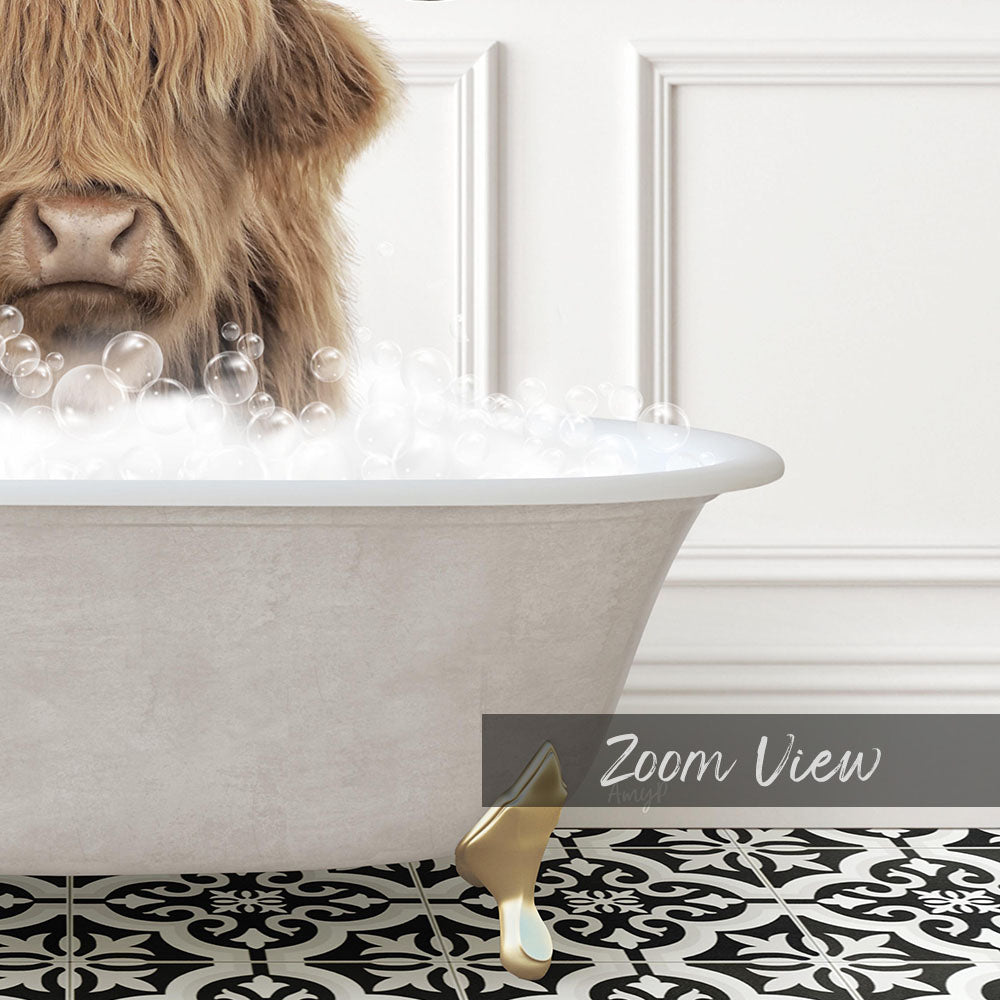 A close-up of a furry animal, possibly a dog, sitting in a bathtub filled with bubbles, with a text overlay that reads "Zoom View".