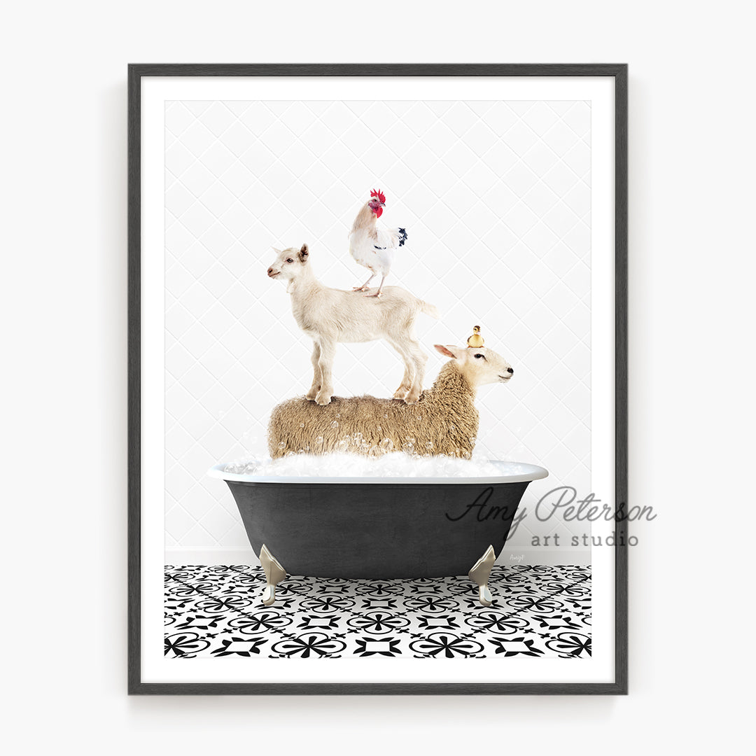 a picture of a person riding a goat on top of a bathtub