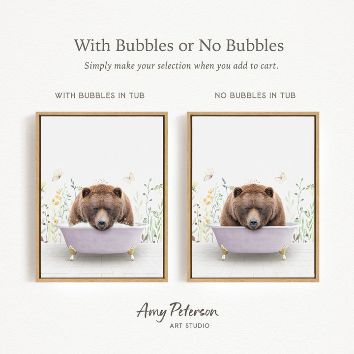 The image is a framed print featuring a bear sitting in a tub with bubbles, and another bear sitting in a tub without bubbles.