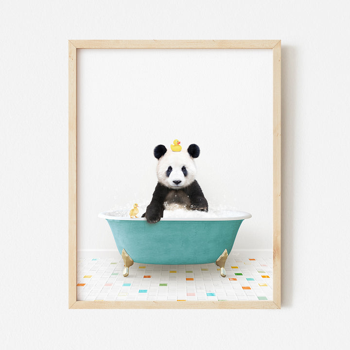 a panda bear sitting in a bathtub with a crown on its head