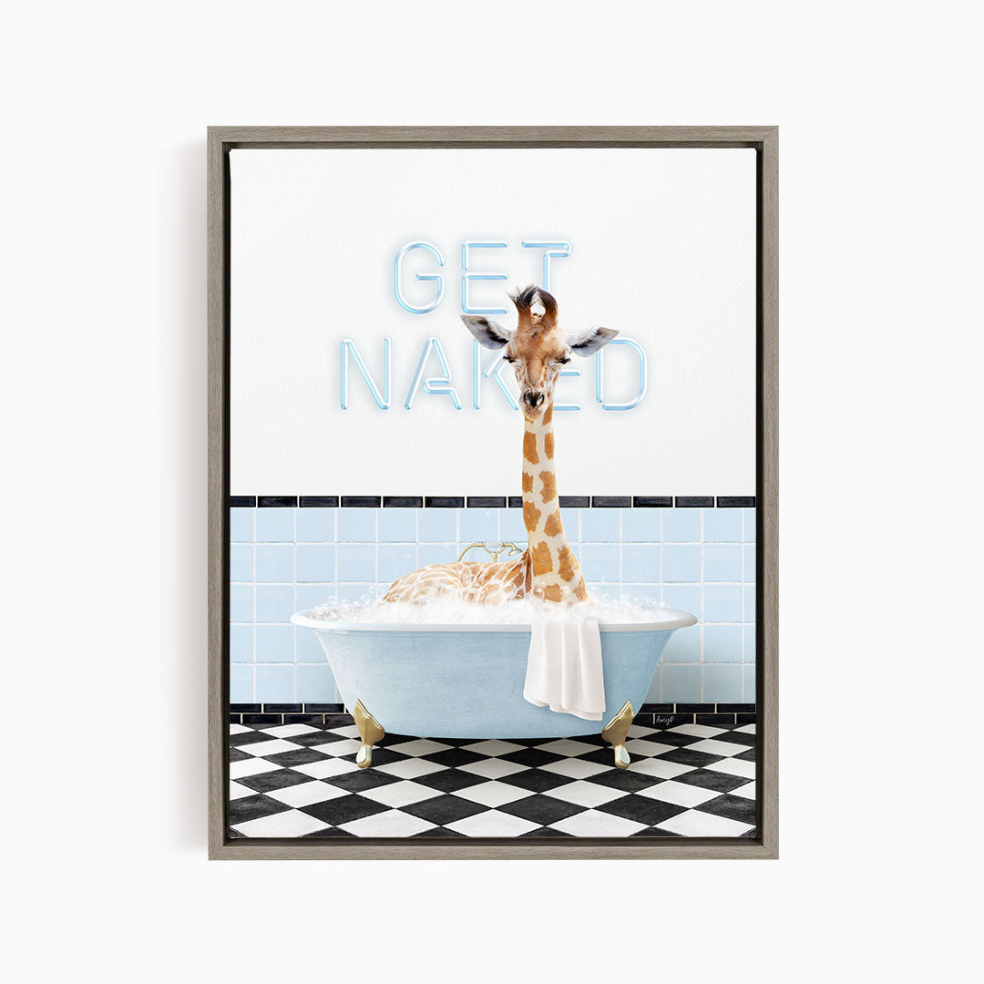 A giraffe sitting in a bathtub with a towel draped over its neck, surrounded by a checkered floor and a sign that says "GET NAKED".