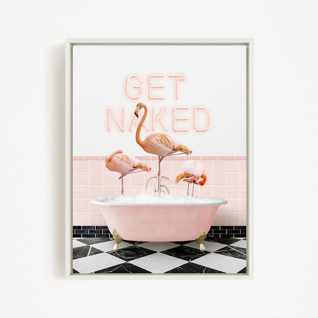 A framed image depicting three flamingos standing in a pink bathtub, with a pink and white checkered floor and a pink wall in the background.