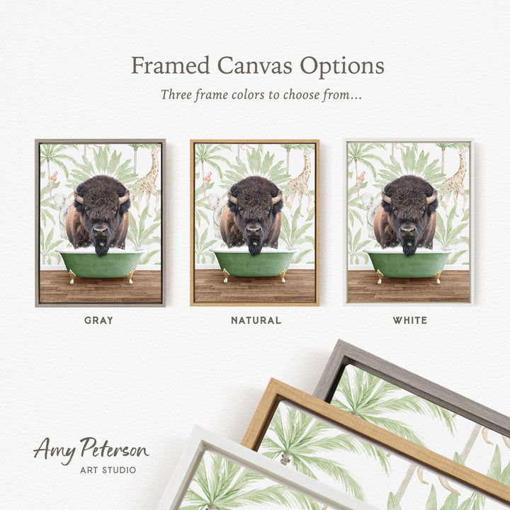 three framed canvas options featuring a bison in a green bowl, each with a different frame color: gray, natural, and white.