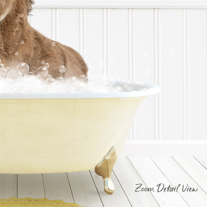 A dog is sitting in a bathtub filled with bubbles, enjoying a relaxing bath.
