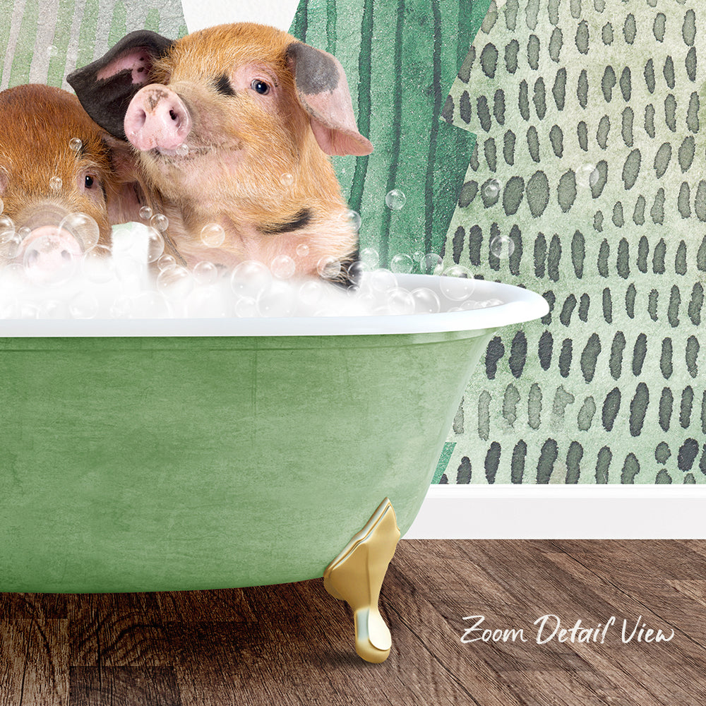 A pair of adorable pigs enjoying a relaxing bath in a green clawfoot tub, set against a patterned green wall.