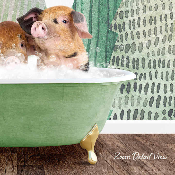 A pair of adorable pigs enjoying a relaxing bath in a green clawfoot tub, set against a patterned green wall.
