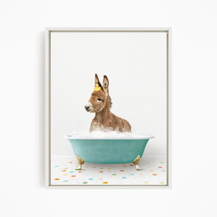 A donkey is sitting in a blue bathtub filled with water, surrounded by colorful tiles on the floor.