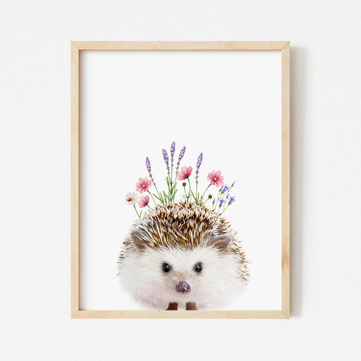 a picture of a hedgehog with flowers on its head