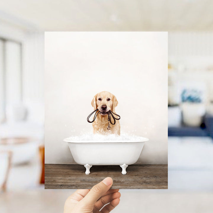 A golden retriever dog sitting in a white bathtub filled with water, with a leash hanging from its mouth.