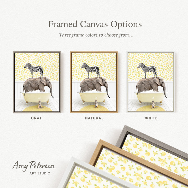 The image is a framed canvas option featuring three different framed pictures of a zebra standing on an elephant's back in a bathtub.