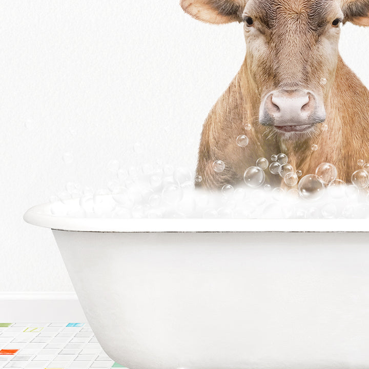 a cow is sitting in a bathtub full of bubbles