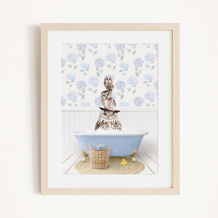 A framed image depicting a brown owl sitting in a blue bathtub filled with water, surrounded by a white floral pattern on the wall.