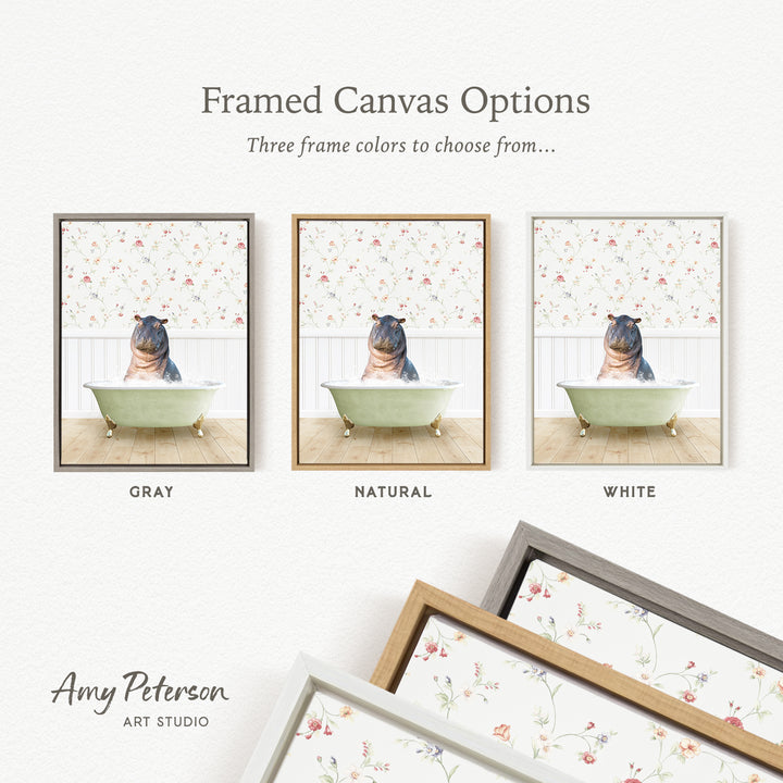 three framed canvas options, each featuring a different color: gray, natural, and white. The text above the images reads " Framed Canvas Options" and "Three frame colors to choose from...". The bottom of the image includes the text " Amy Peterson ART STUDIO".