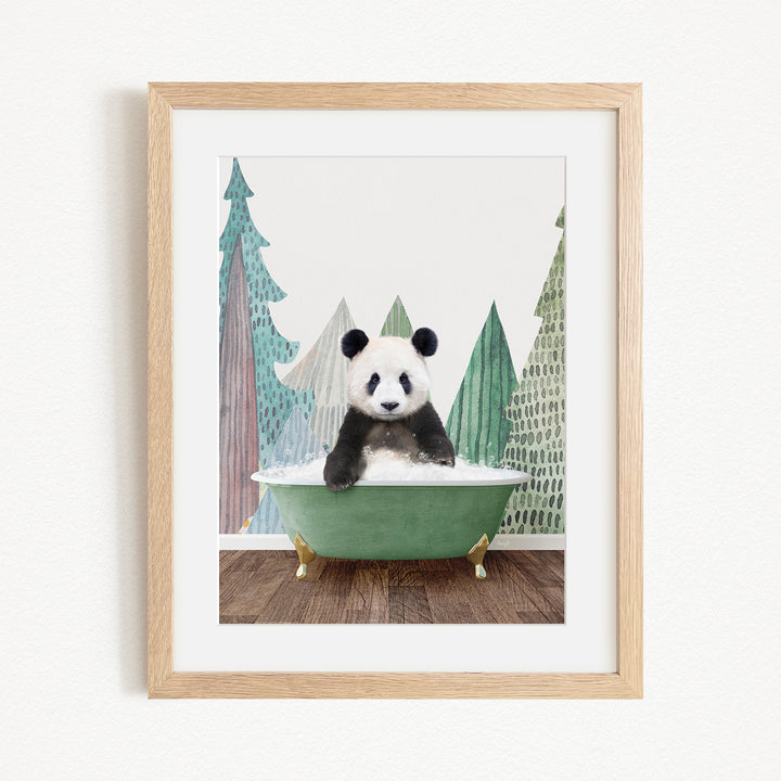 A panda bear sitting in a green bathtub, surrounded by trees and a forest-like background.