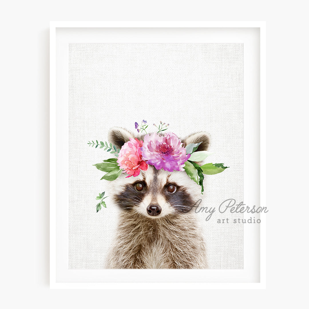 a picture of a raccoon wearing a flower crown