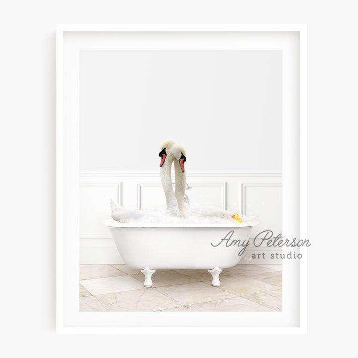 a swan in a bathtub with foam in it