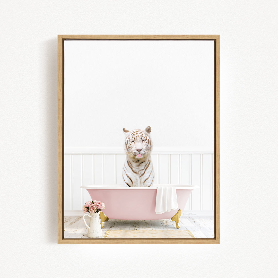 A white tiger sits in a pink bathtub, surrounded by pink flowers and a white vase, creating a whimsical and charming scene.