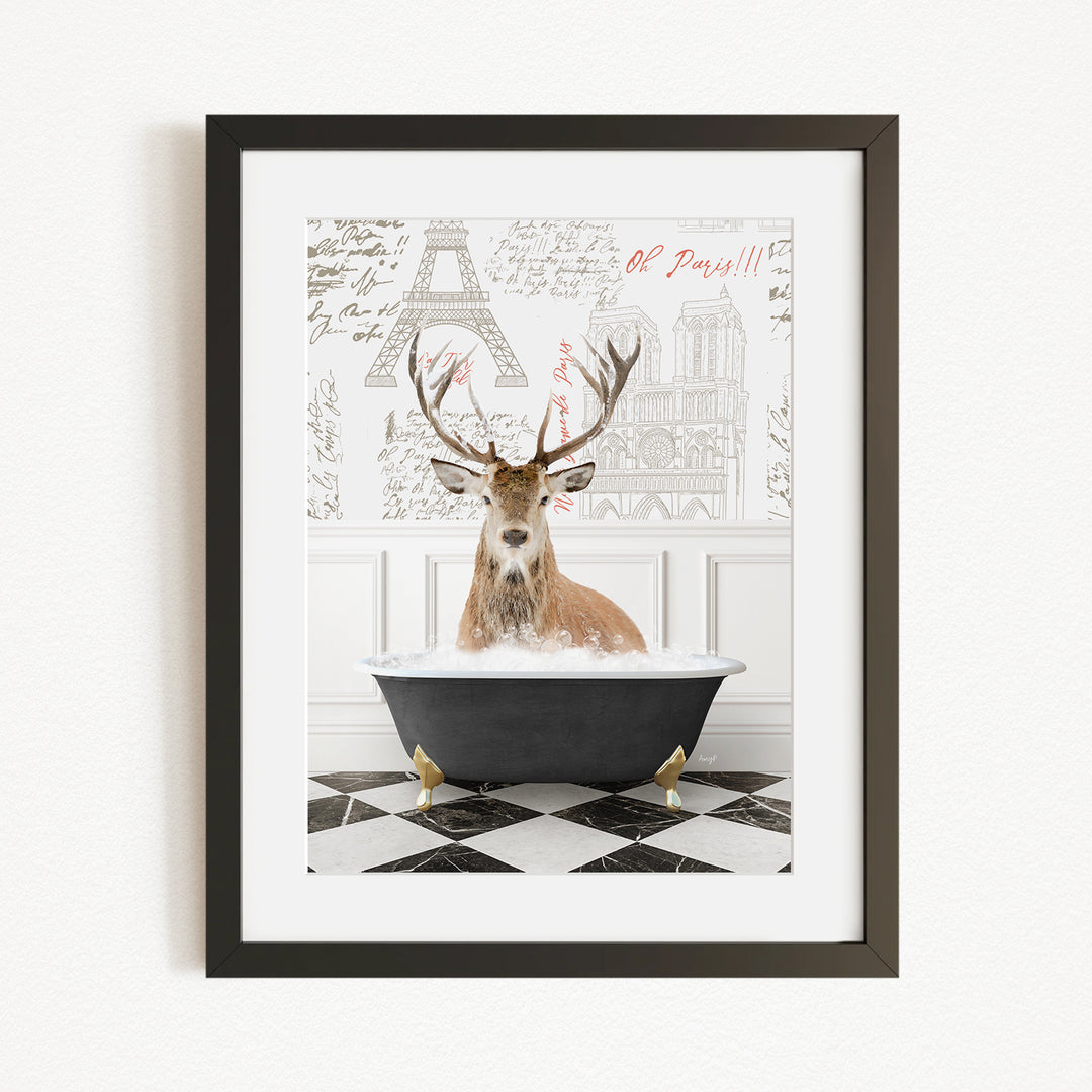 A deer with antlers is sitting in a bathtub filled with water, surrounded by a checkered floor and a wall with a drawing of the Eiffel Tower.
