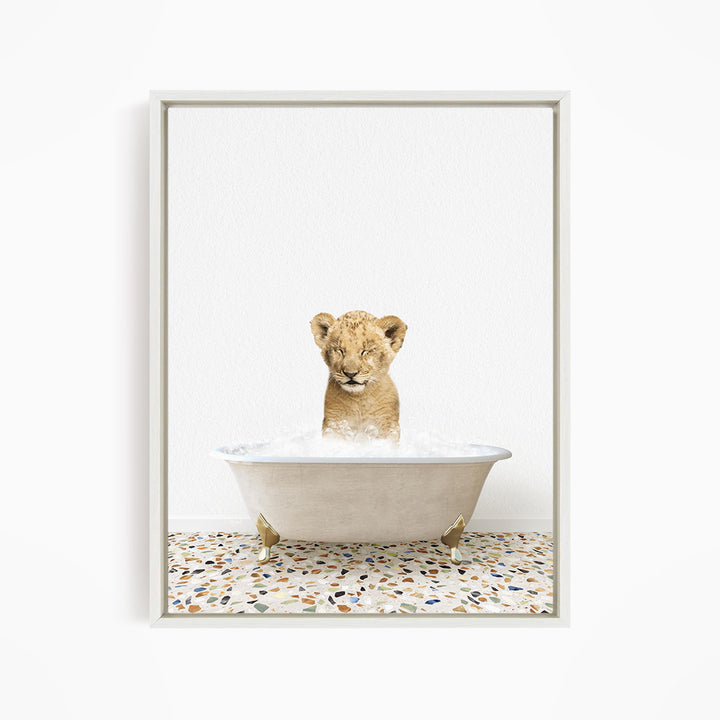 A young lion cub sitting in a white bathtub filled with water, looking up at the camera.