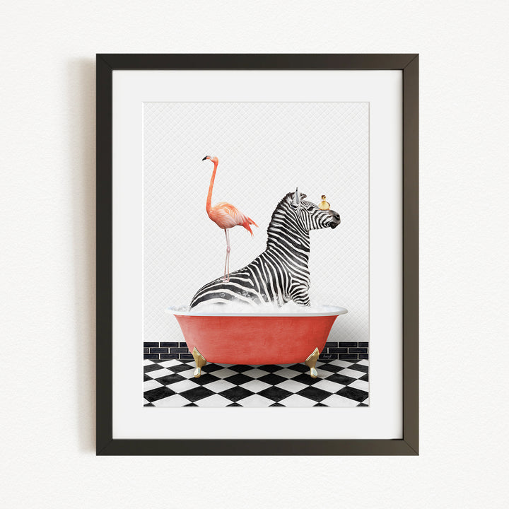 A framed image depicting a zebra sitting in a red bathtub, with a flamingo standing on its back and a bird perched on its head.