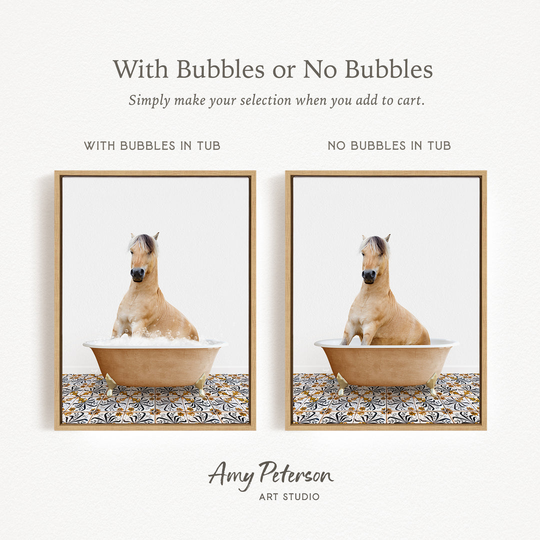 The image is a collage of two pictures, each featuring a horse in a tub. The first picture shows a horse sitting in a tub with bubbles, while the second picture shows a horse sitting in a tub without bubbles. The text above the images reads "With Bubbles or No Bubbles" and below the images, it says "Simply make your selection when you add to cart."