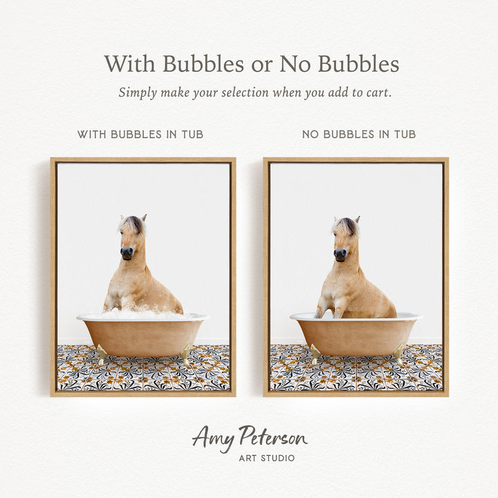 The image is a collage of two pictures, each featuring a horse in a tub. The first picture shows a horse sitting in a tub with bubbles, while the second picture shows a horse sitting in a tub without bubbles. The text above the images reads "With Bubbles or No Bubbles" and below the images, it says "Simply make your selection when you add to cart."