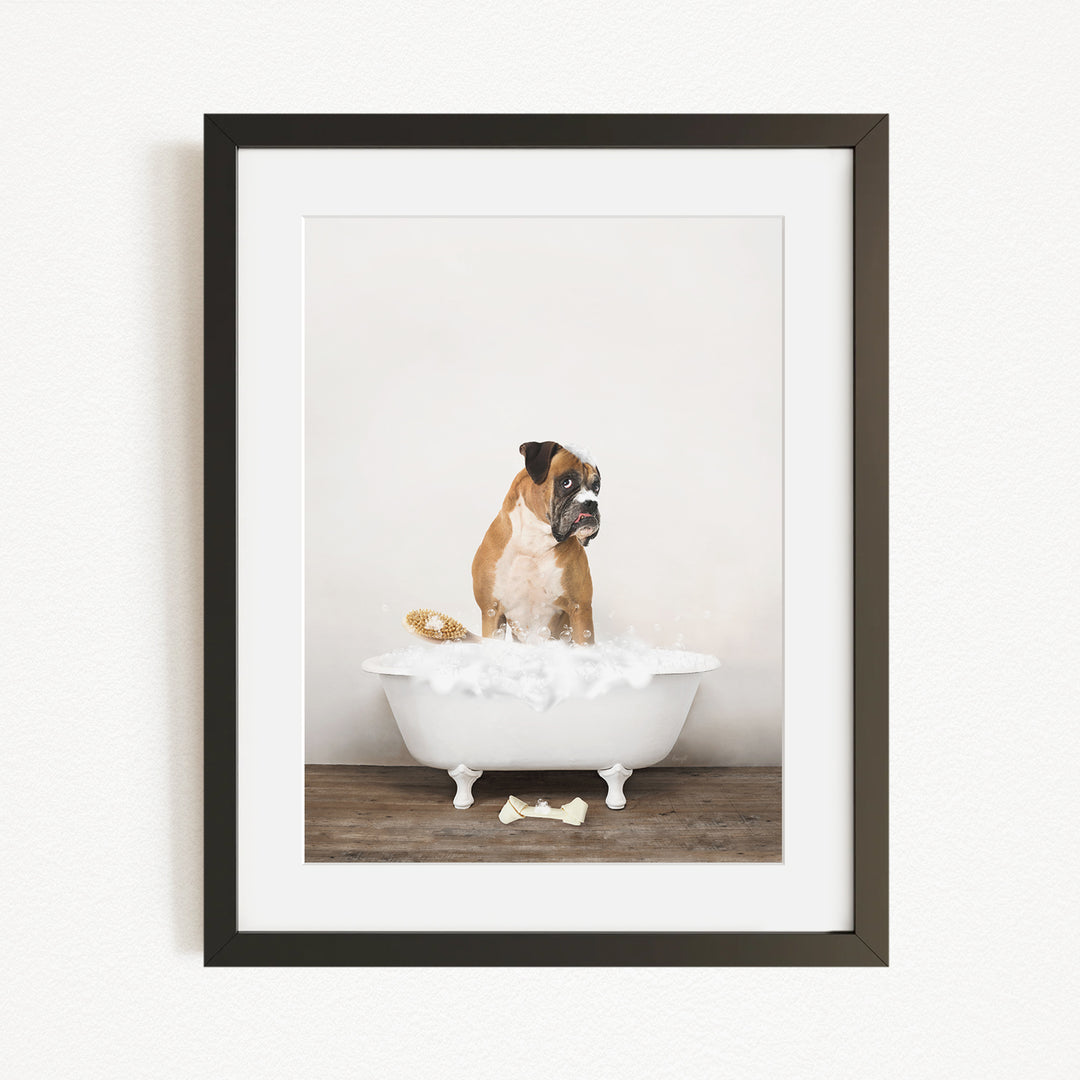 A brown and white dog sitting in a white bathtub filled with bubbles, with a bone on the floor.
