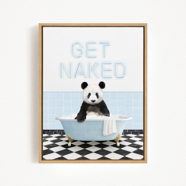 A panda bear sitting in a bathtub with the text "GET NAKED" displayed above it.