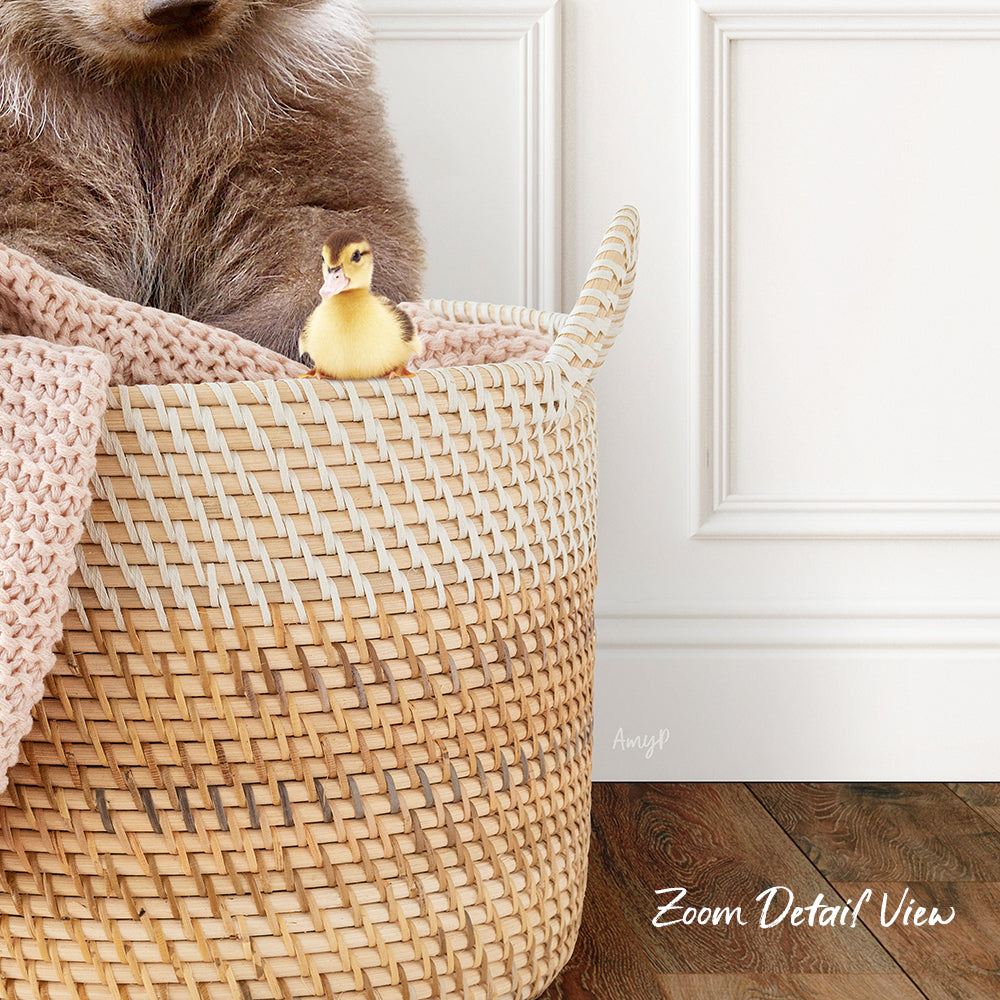 A brown bear is sitting in a woven basket, with a small yellow duck perched on the edge of the basket.
