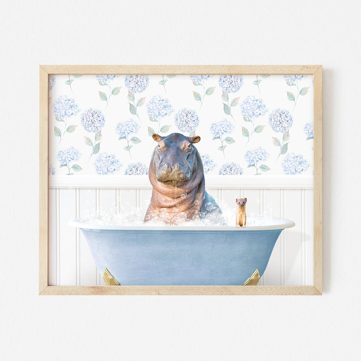 a hippo in a bathtub with a dog in the tub