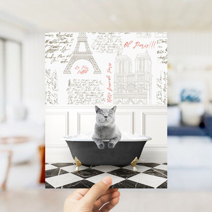 A gray cat sitting in a bathtub filled with bubbles, with the Eiffel Tower and other Parisian landmarks visible in the background.