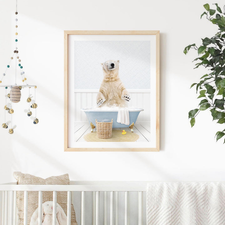 A polar bear sitting in a bathtub, surrounded by various objects, including a basket and a toy, in a nursery setting.