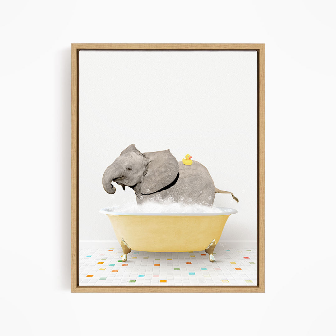 A gray elephant is sitting in a yellow bathtub filled with water, with a yellow rubber duck floating on its back.