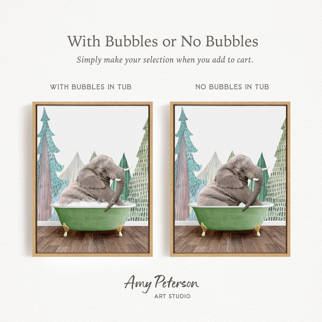 The image is a collage of two pictures featuring an elephant sitting in a green bathtub. The first picture has bubbles in the tub, while the second picture does not have bubbles. The text above the images reads "With Bubbles or No Bubbles Simply make your selection when you add to cart."