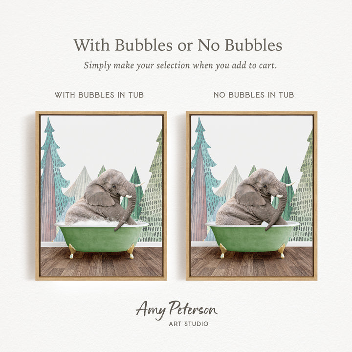 The image is a collage of two pictures featuring an elephant sitting in a green bathtub. The first picture has bubbles in the tub, while the second picture does not have bubbles. The text above the images reads "With Bubbles or No Bubbles Simply make your selection when you add to cart."