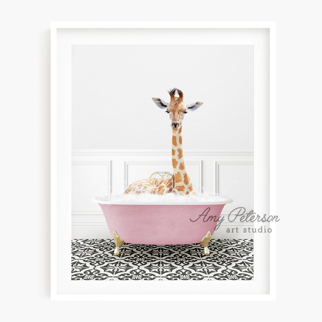 a giraffe in a bathtub with its head sticking out