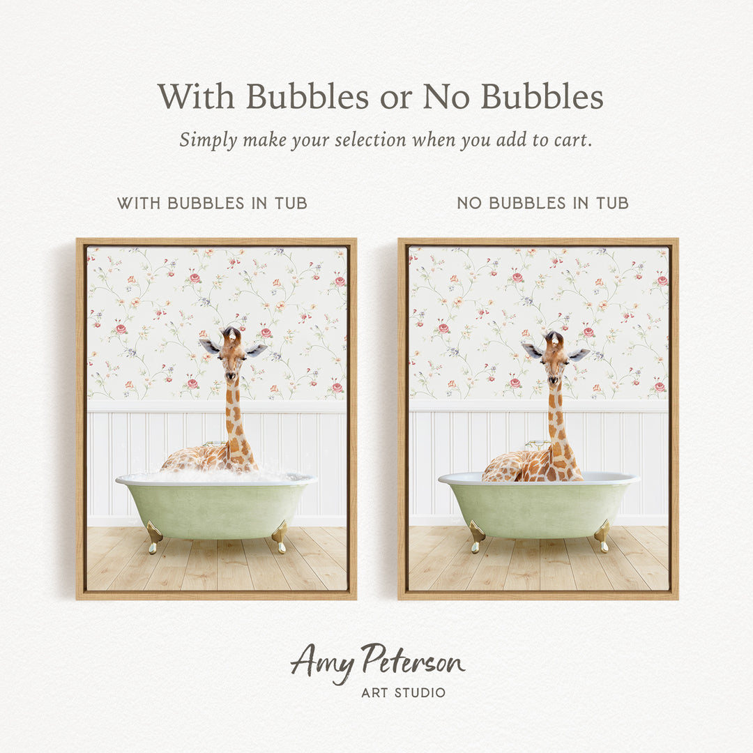 The image is a collage of two pictures featuring a giraffe sitting in a bathtub. The first picture has bubbles in the tub, while the second picture does not have bubbles. The text above the images reads "With Bubbles or No Bubbles Simply make your selection when you add to cart."