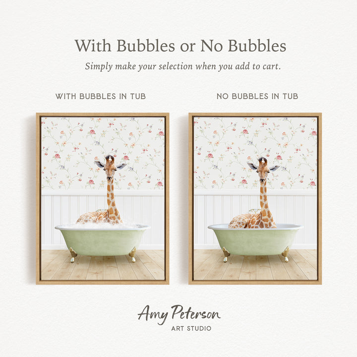 The image is a collage of two pictures featuring a giraffe sitting in a bathtub. The first picture has bubbles in the tub, while the second picture does not have bubbles. The text above the images reads "With Bubbles or No Bubbles Simply make your selection when you add to cart."