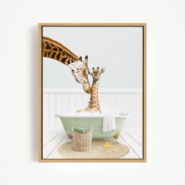 A giraffe and a baby giraffe are sitting in a green bathtub filled with water, with a basket of toys nearby.