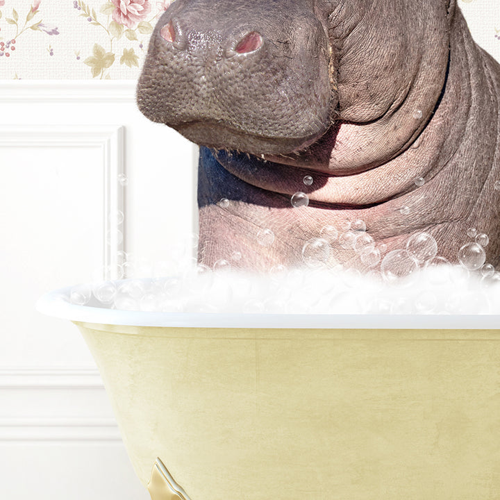 a hippopotamus sitting in a bathtub full of bubbles