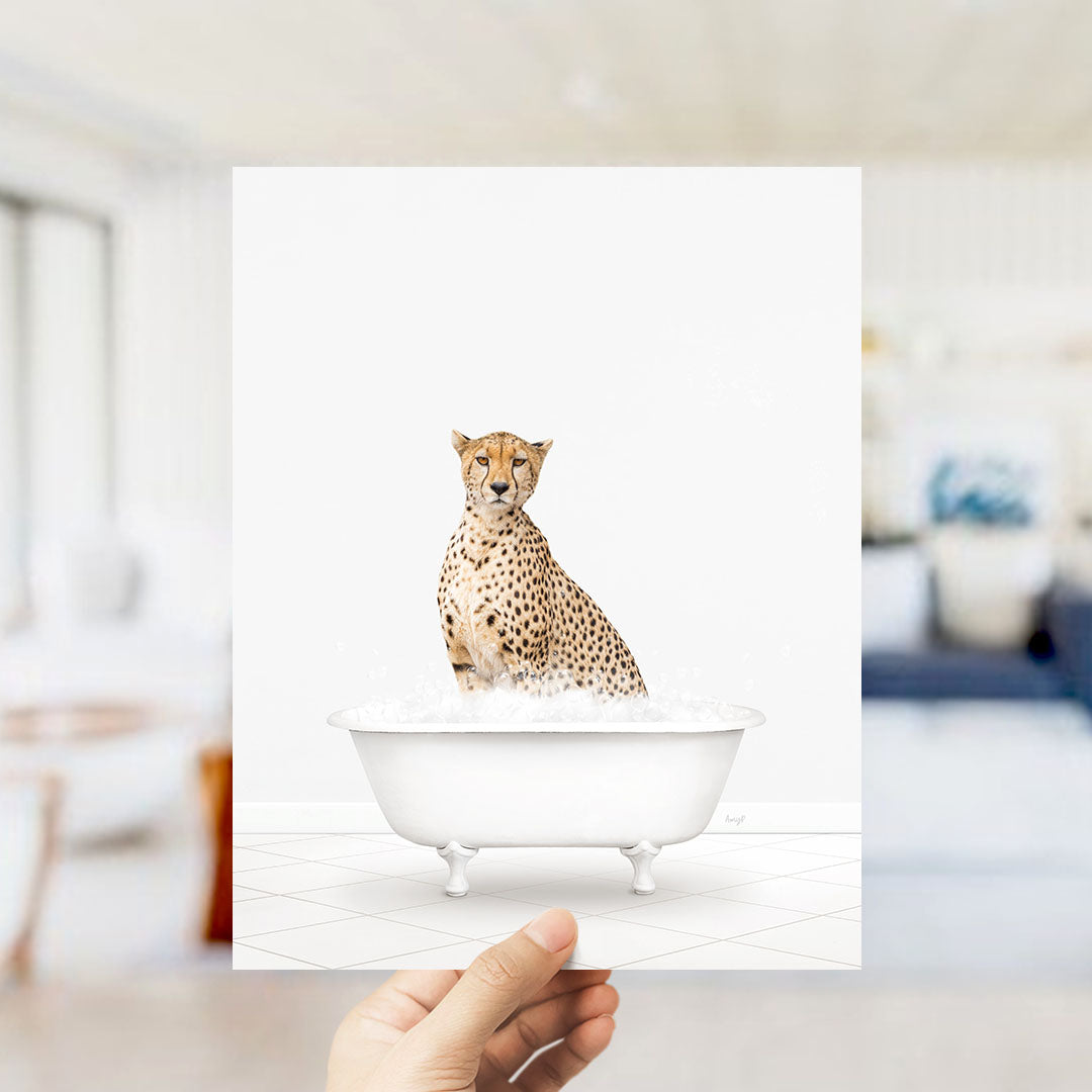 A cheetah sitting in a bathtub filled with water.