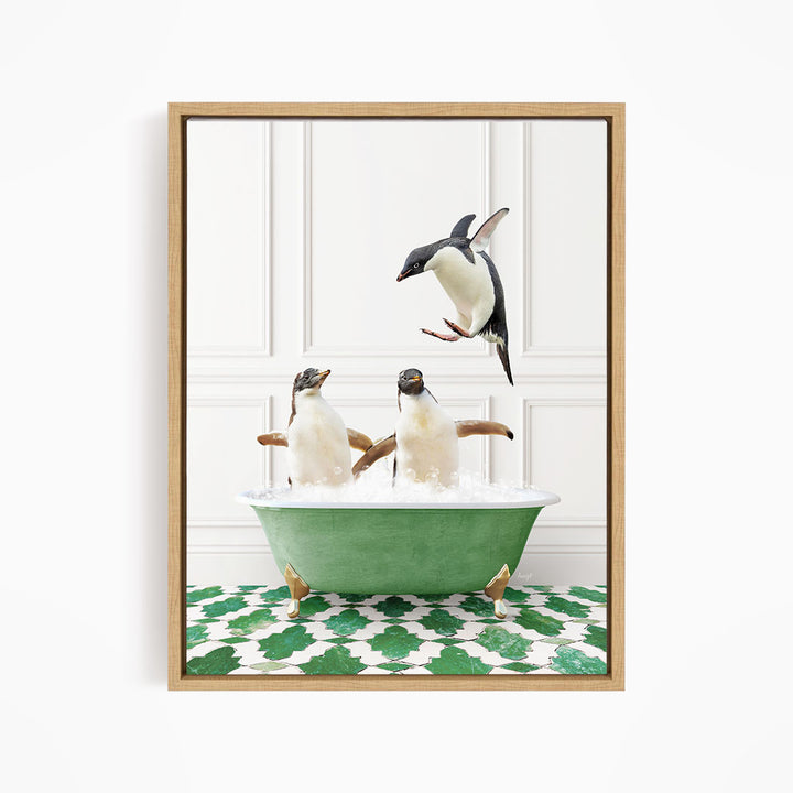 A framed image depicting two penguins sitting in a green bathtub, with one penguin flying towards the other in mid-air.