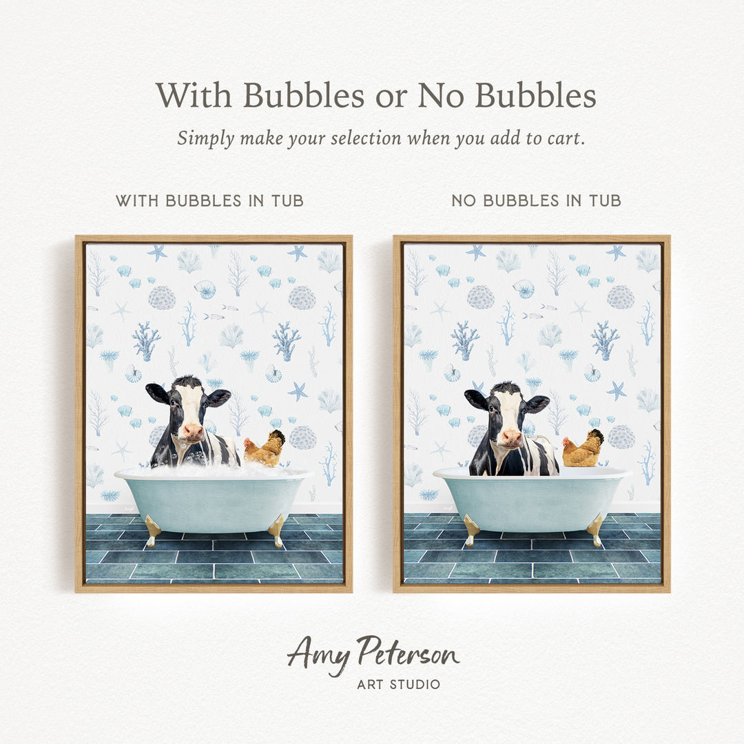 The image is a collage of two framed pictures depicting a cow and a chicken in a bathtub. The cow is sitting in the tub with bubbles, while the chicken is sitting in the tub without bubbles. The text above the images reads "With Bubbles or No Bubbles Simply make your selection when you add to cart."
