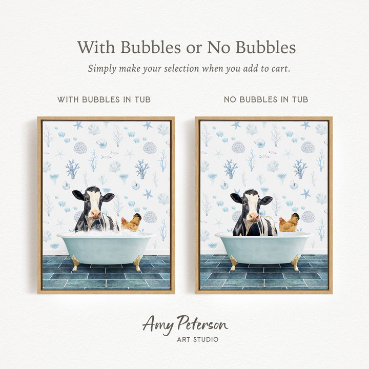 The image is a collage of two framed pictures depicting a cow and a chicken in a bathtub. The cow is sitting in the tub with bubbles, while the chicken is sitting in the tub without bubbles. The text above the images reads "With Bubbles or No Bubbles Simply make your selection when you add to cart."