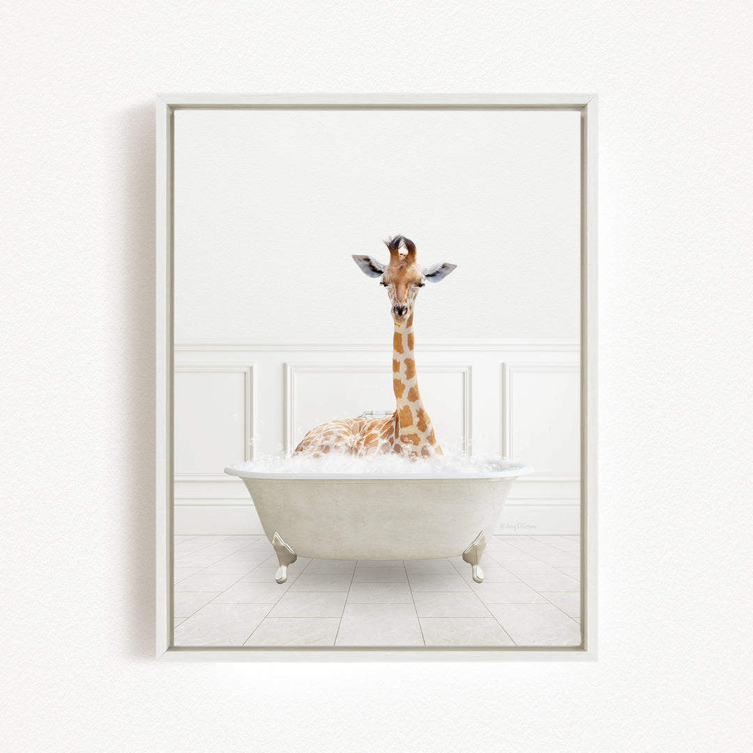 A giraffe sitting in a white bathtub filled with water, creating a whimsical and playful scene.