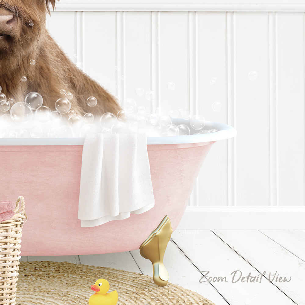 A dog is sitting in a pink bathtub filled with bubbles, surrounded by a yellow rubber duck and a white towel.