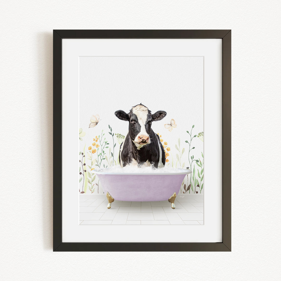 A black and white cow is sitting in a purple bathtub filled with water, surrounded by flowers and butterflies.