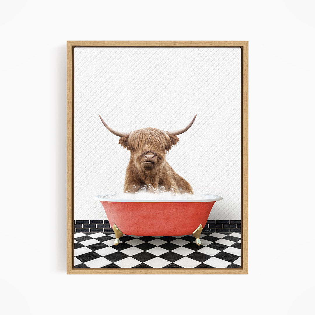 A brown cow with long horns is sitting in a red bathtub filled with water, surrounded by a black and white checkered floor.